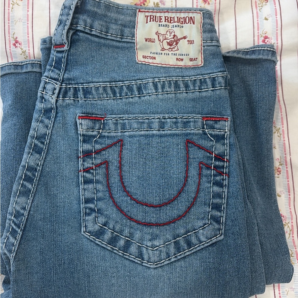 True Religion Blue Jeans with Signature Horseshoe Stitching
